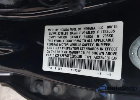 2015 Honda Civic Lx from USA, damaged, VIN 19XFB2F56FE285080